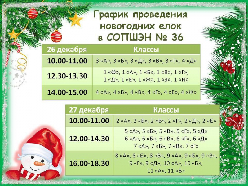 График проведения новогодних ёлок в СОПШЭН №36