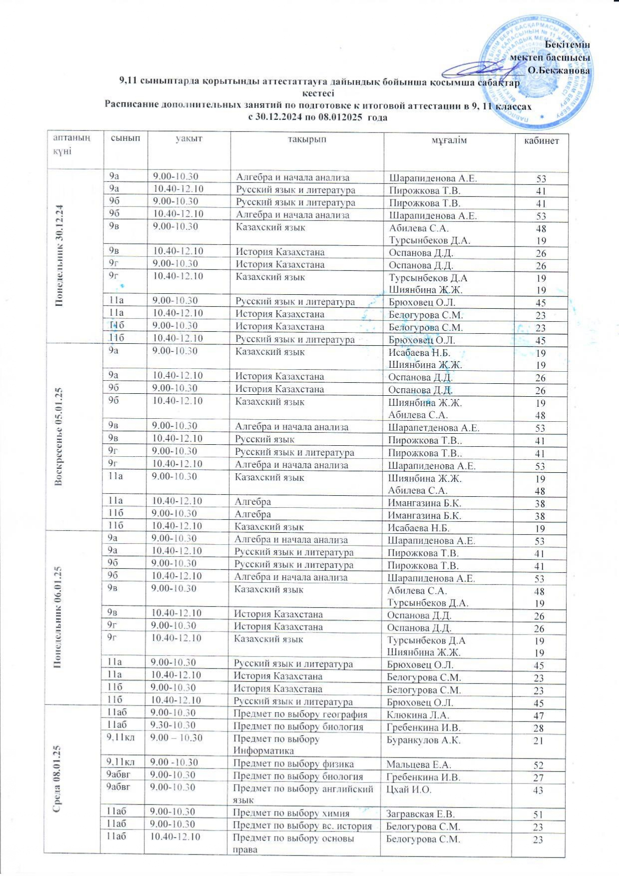 9 және 11-сыныптардағы қорытынды аттестаттауға дайындық бойынша қосымша сабақтардың кестесі 30.12.24 бастап 01.08.2025 ж.